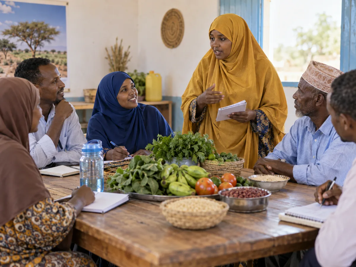 Illustrative image of a Somali community group discussing nutrition around a table of local produce.