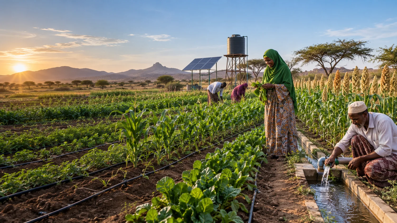 Somali farmers cultivating sorghum, maize and vegetables with irrigation.