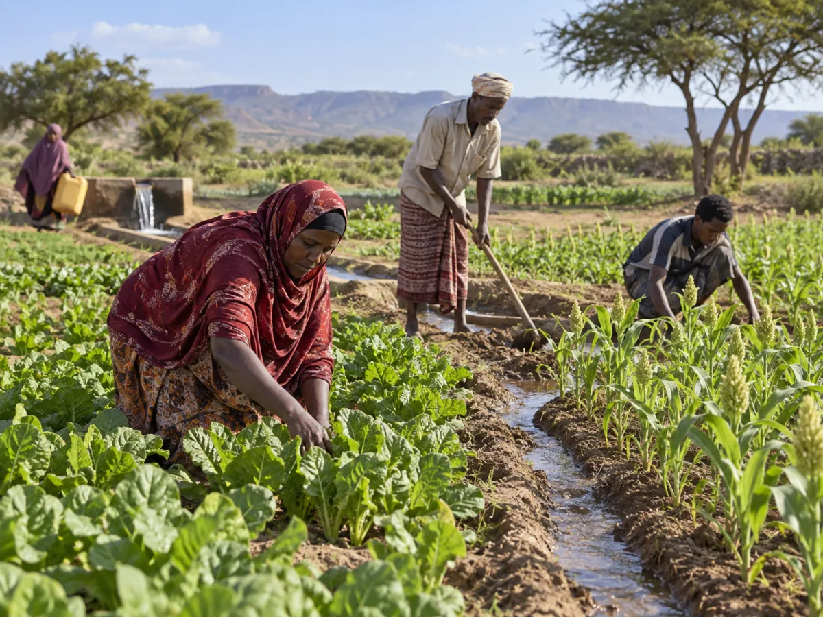 Illustrative image of Somali farmers tending vegetables and sorghum beside an irrigation channel.