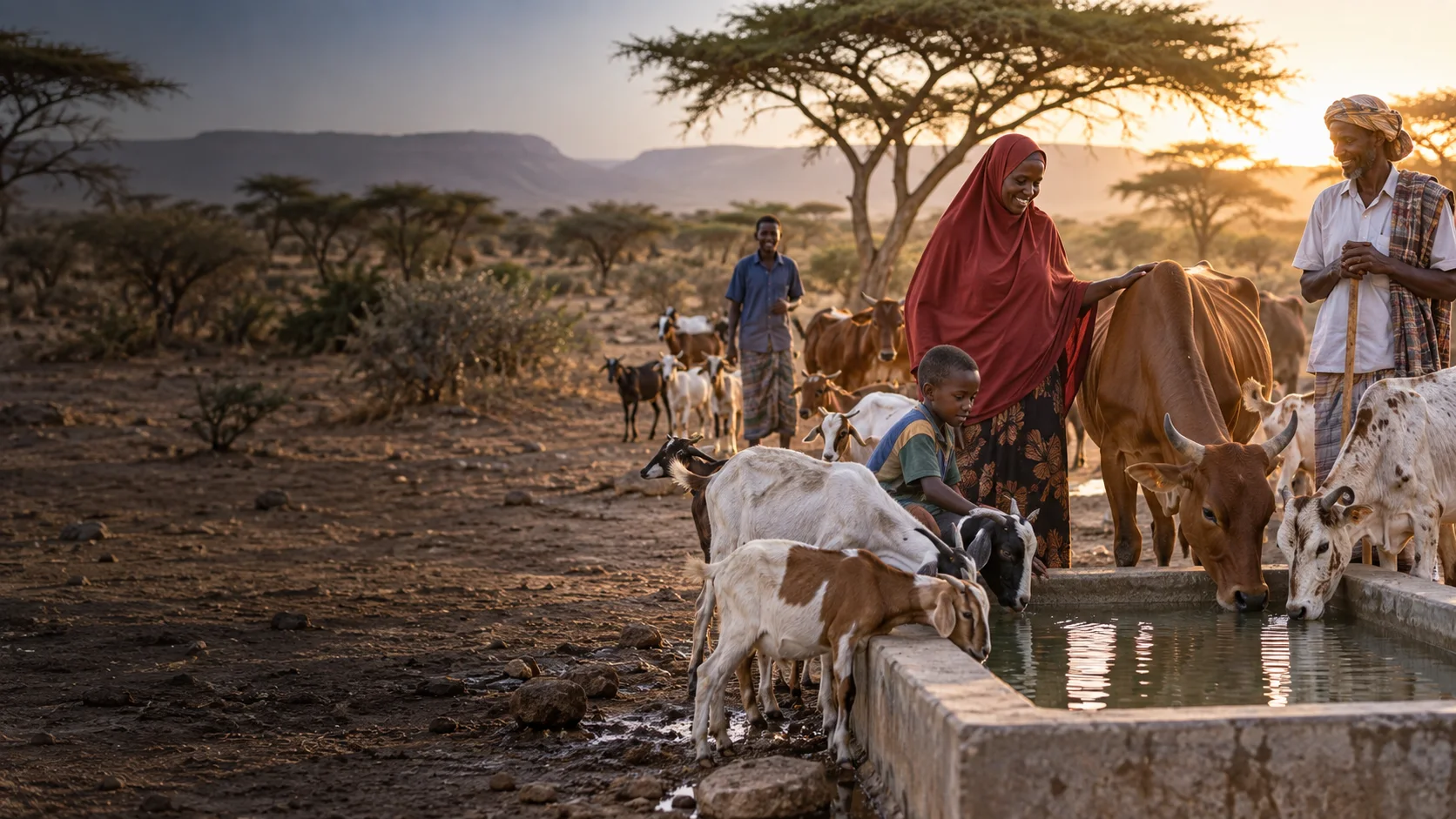 Somali pastoralists caring for goats and cattle at a water trough.