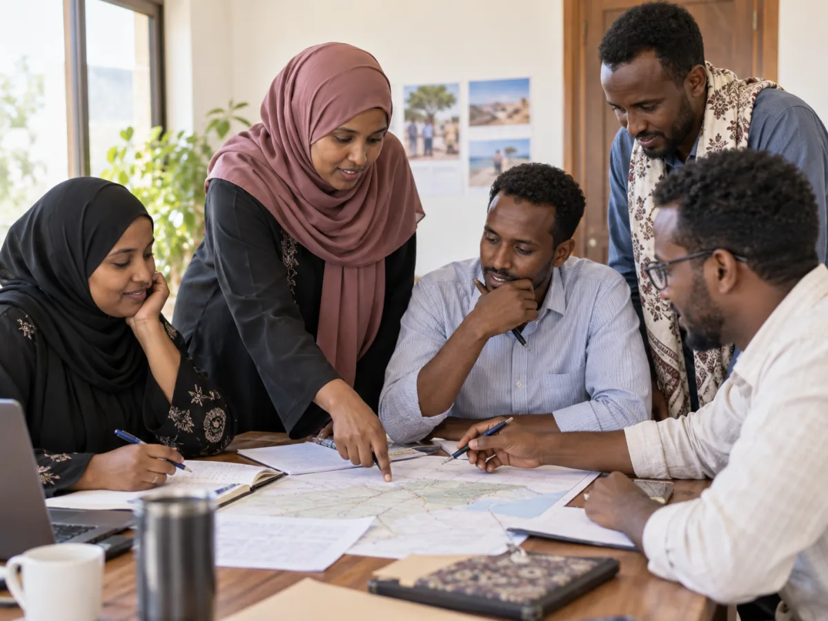 Illustrative image of Somali civil-society colleagues reviewing notes and a map together.