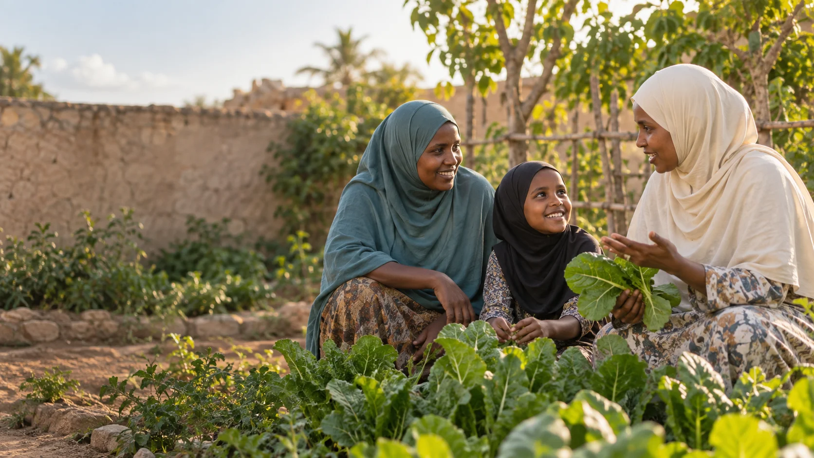A Somali family and nutrition educator in a community garden.