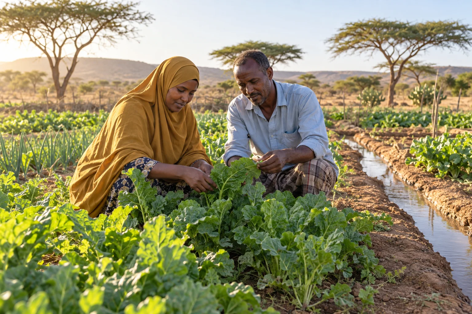 Somali farmers tending an irrigated vegetable garden.